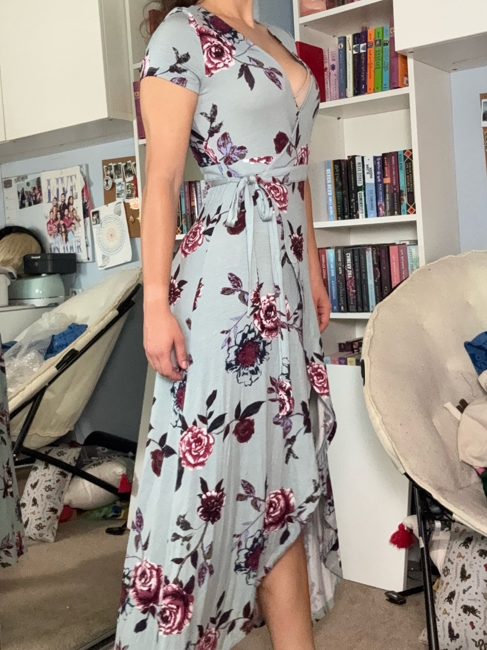 About A Girl Light Blue Wrap High-Low Dress with Burgundy Floral Print